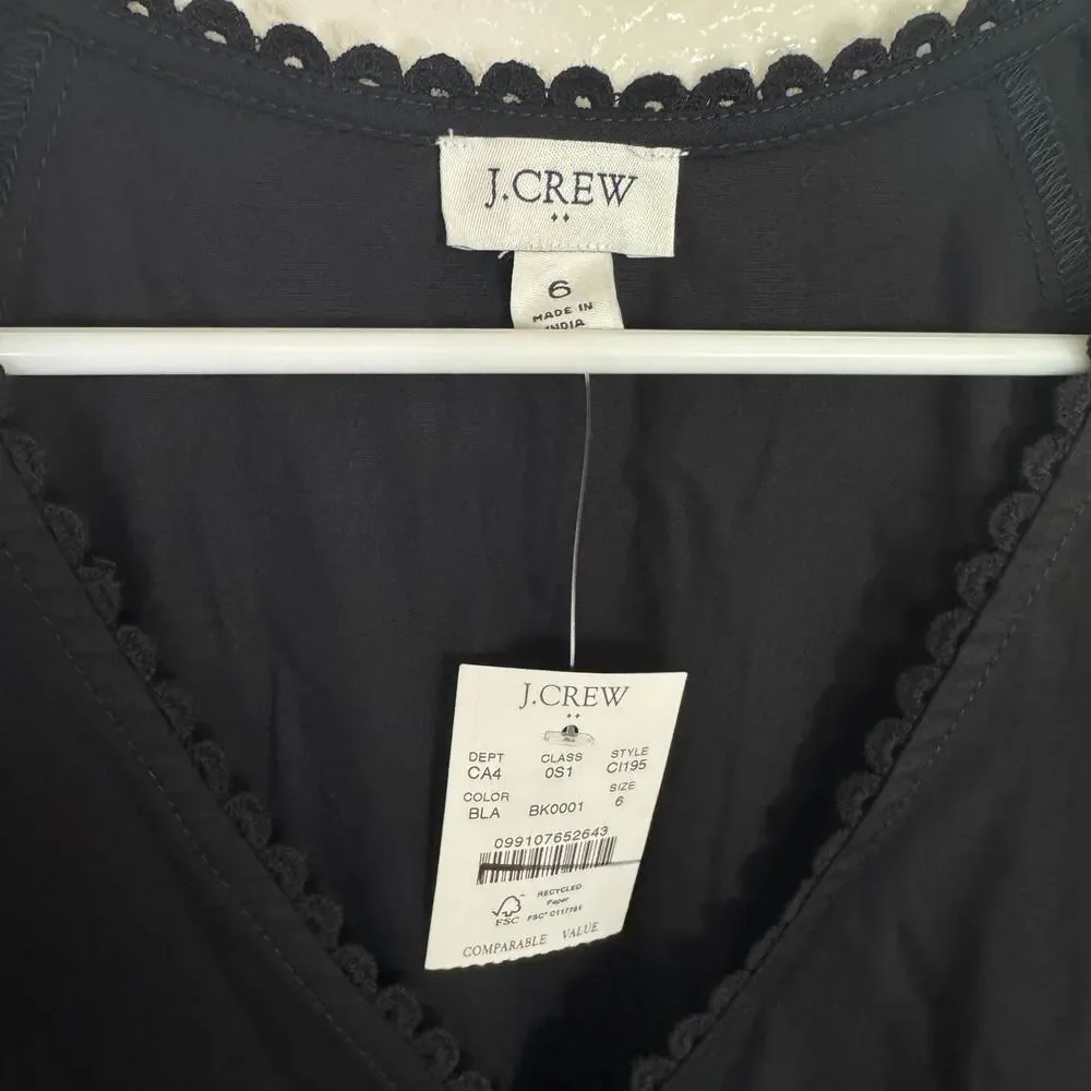 J.Crew Lace Trim Midi Dress WMNS 6 Black Puff Short Sleeve V-Neck Gathered Waist